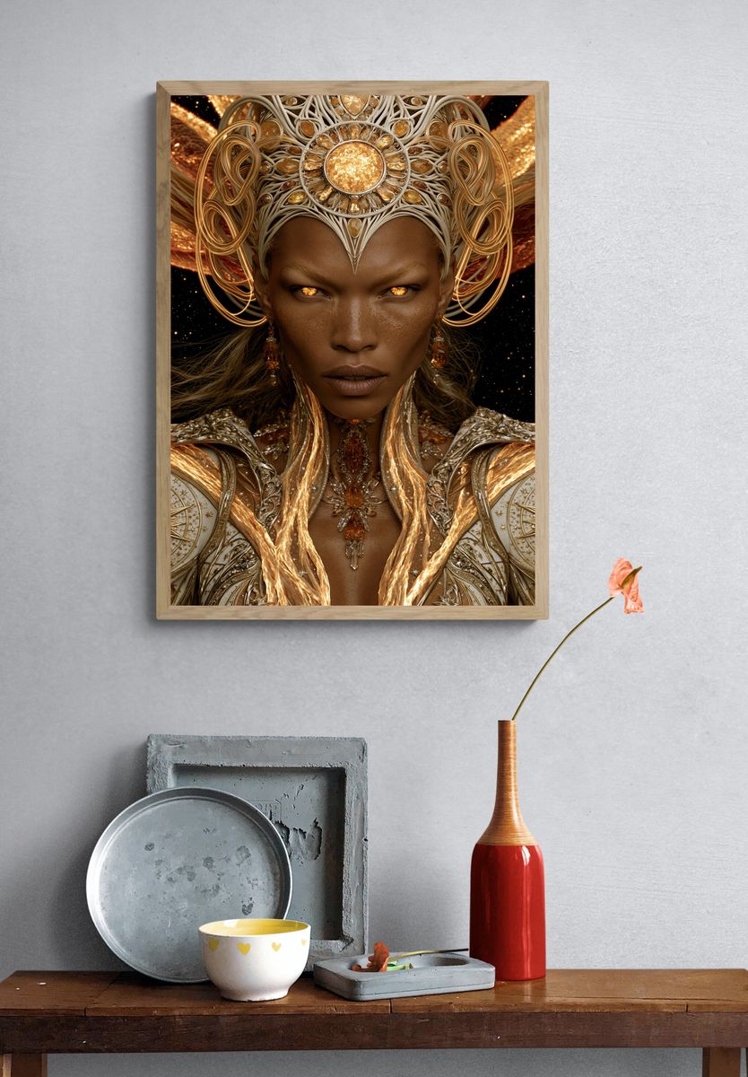 Golden Celestial Queen Portrait Print. — room view 3