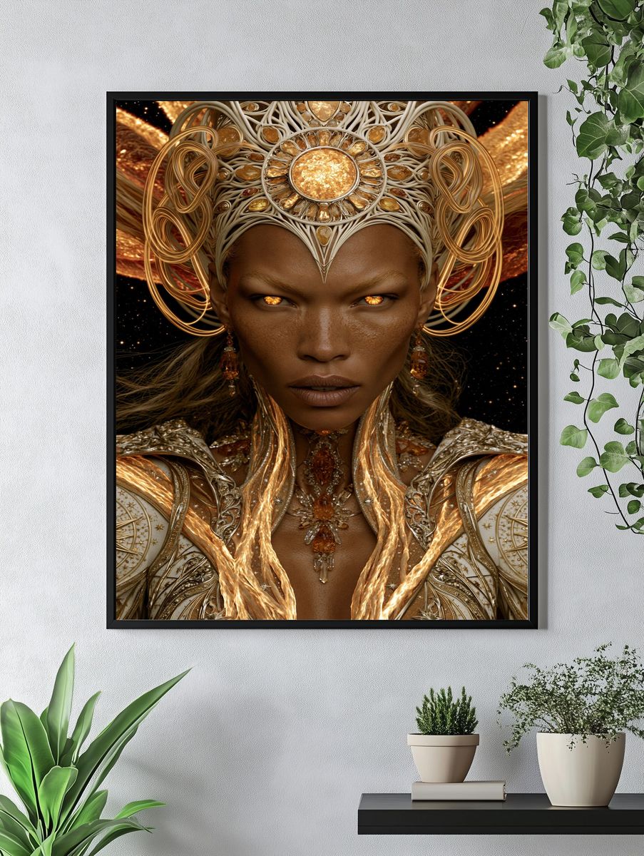 Golden Celestial Queen Portrait Print. — room view 4