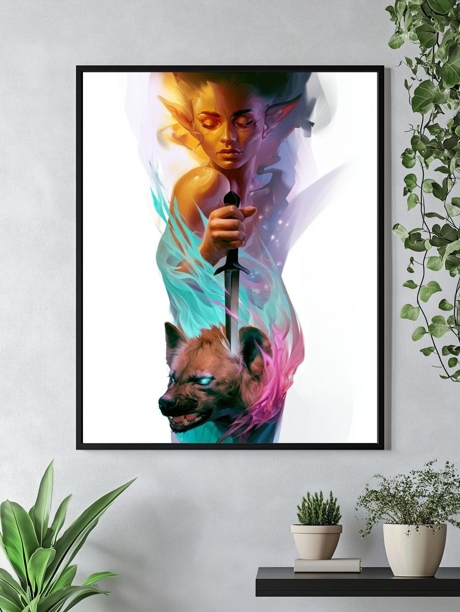Elf and Hyena Fantasy Illustration Poster. — room view 4
