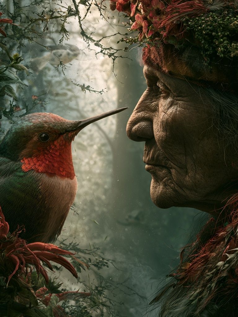 Forest Spirit and Hummingbird Print. poster — illustration art