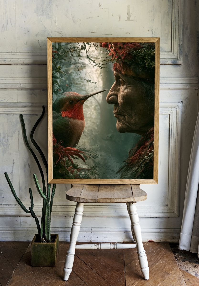 Forest Spirit and Hummingbird Print. room preview