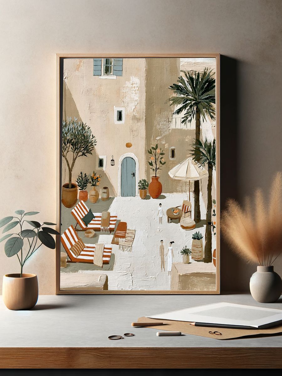 Mediterranean Courtyard Illustration Poster. — room view 2