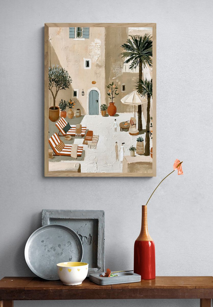 Mediterranean Courtyard Illustration Poster. — room view 3