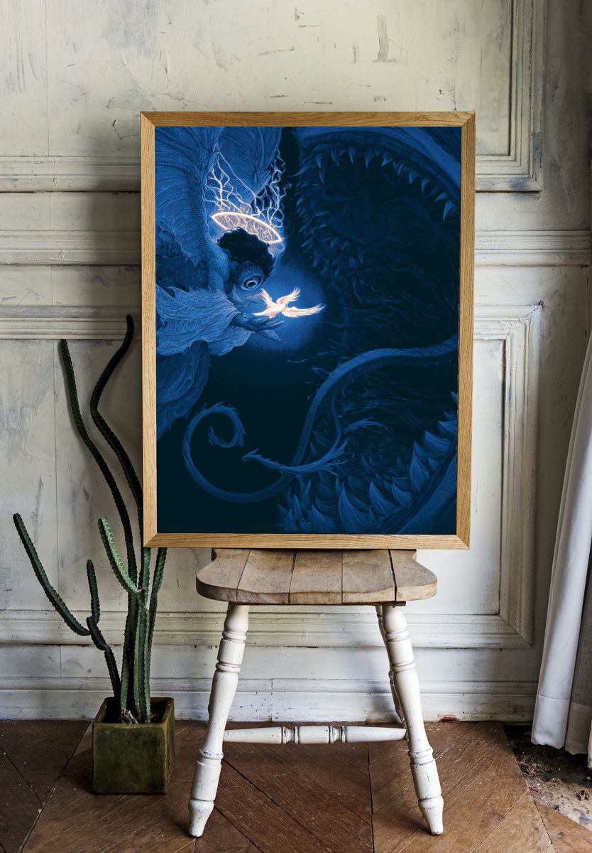 Celestial Dragon and Dove Illustration Poster. room preview