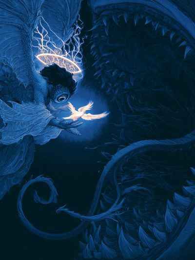 Celestial Dragon and Dove Illustration Poster.
