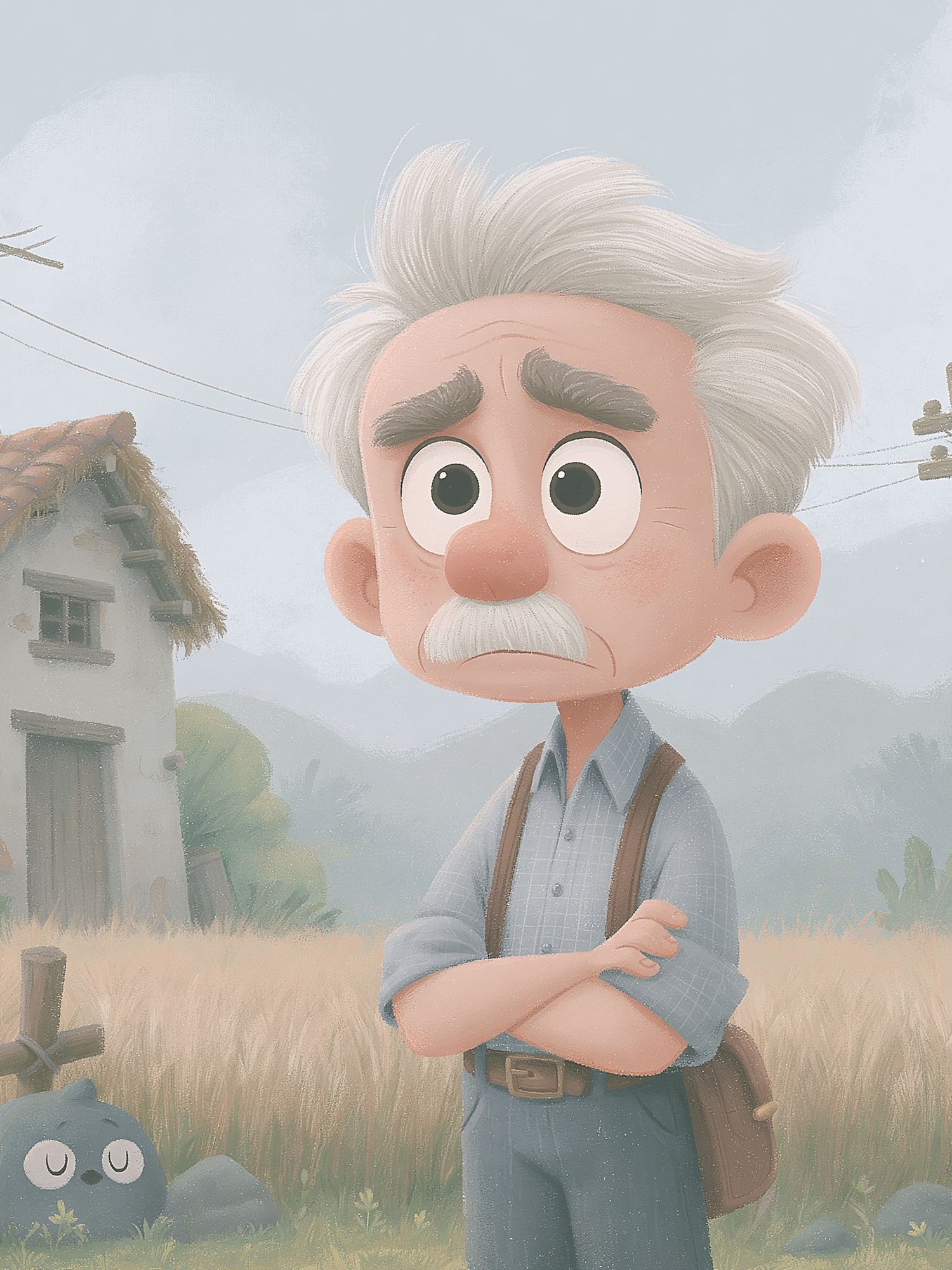 Whimsical Old Man Village Print. poster — illustration art