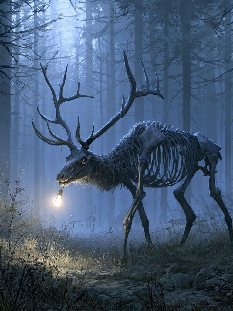 Skeleton Deer in Misty Forest Print. poster detail