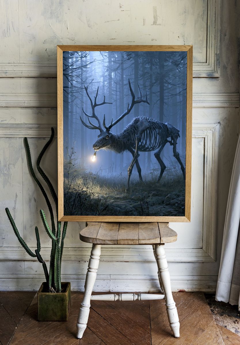Skeleton Deer in Misty Forest Print. room preview