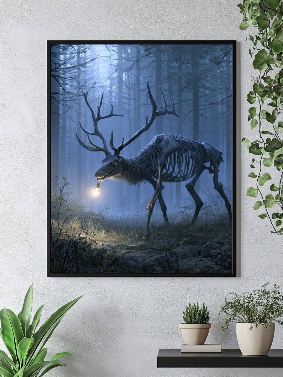 Skeleton Deer in Misty Forest Print. — room view 4