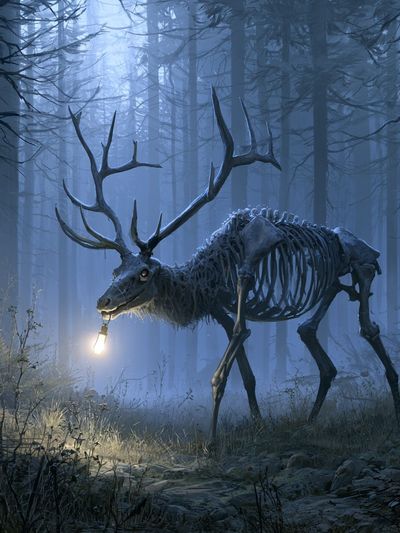 Skeleton Deer in Misty Forest Print.