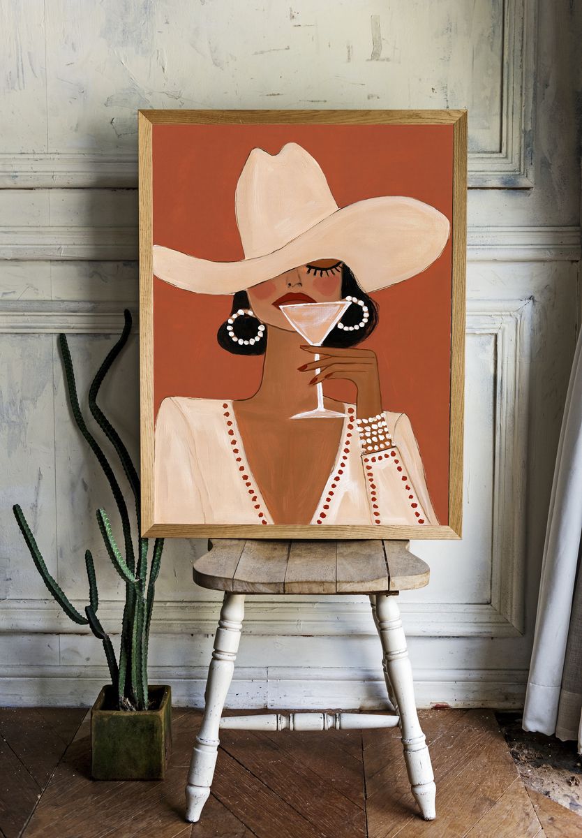 Cowgirl with Martini Illustration Poster. room preview