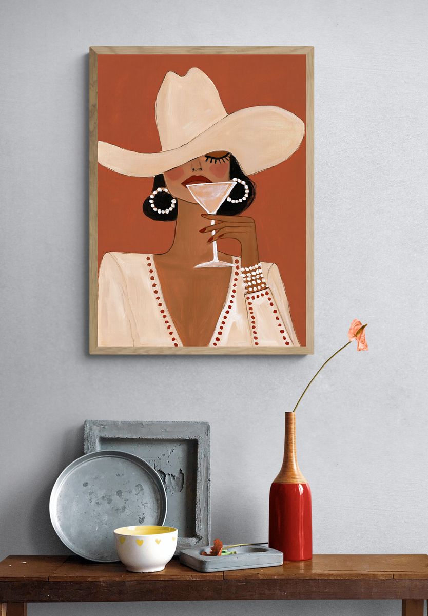 Cowgirl with Martini Illustration Poster. — room view 3