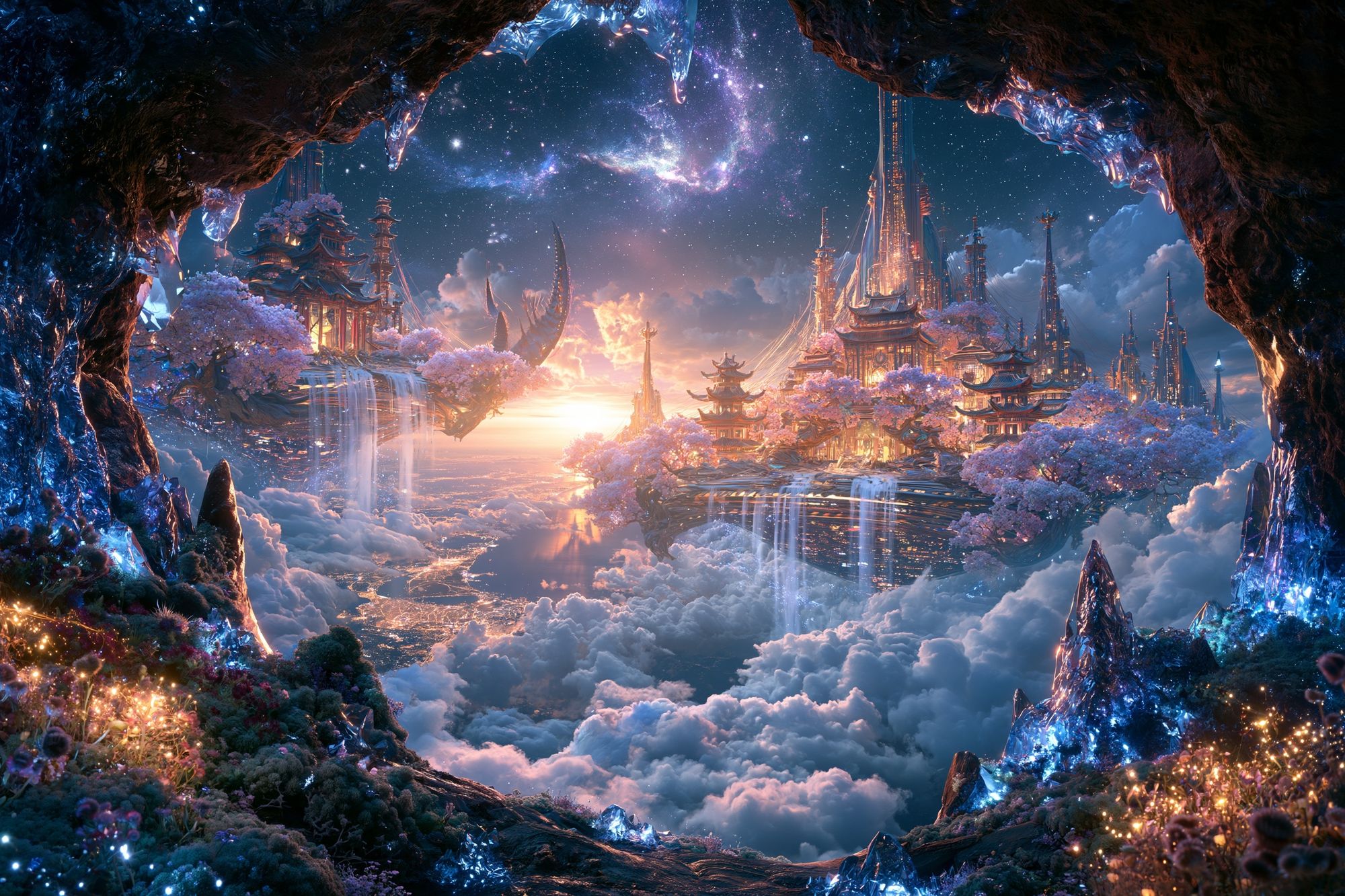 Celestial Pagoda Dreamscape Print. poster — illustration art
