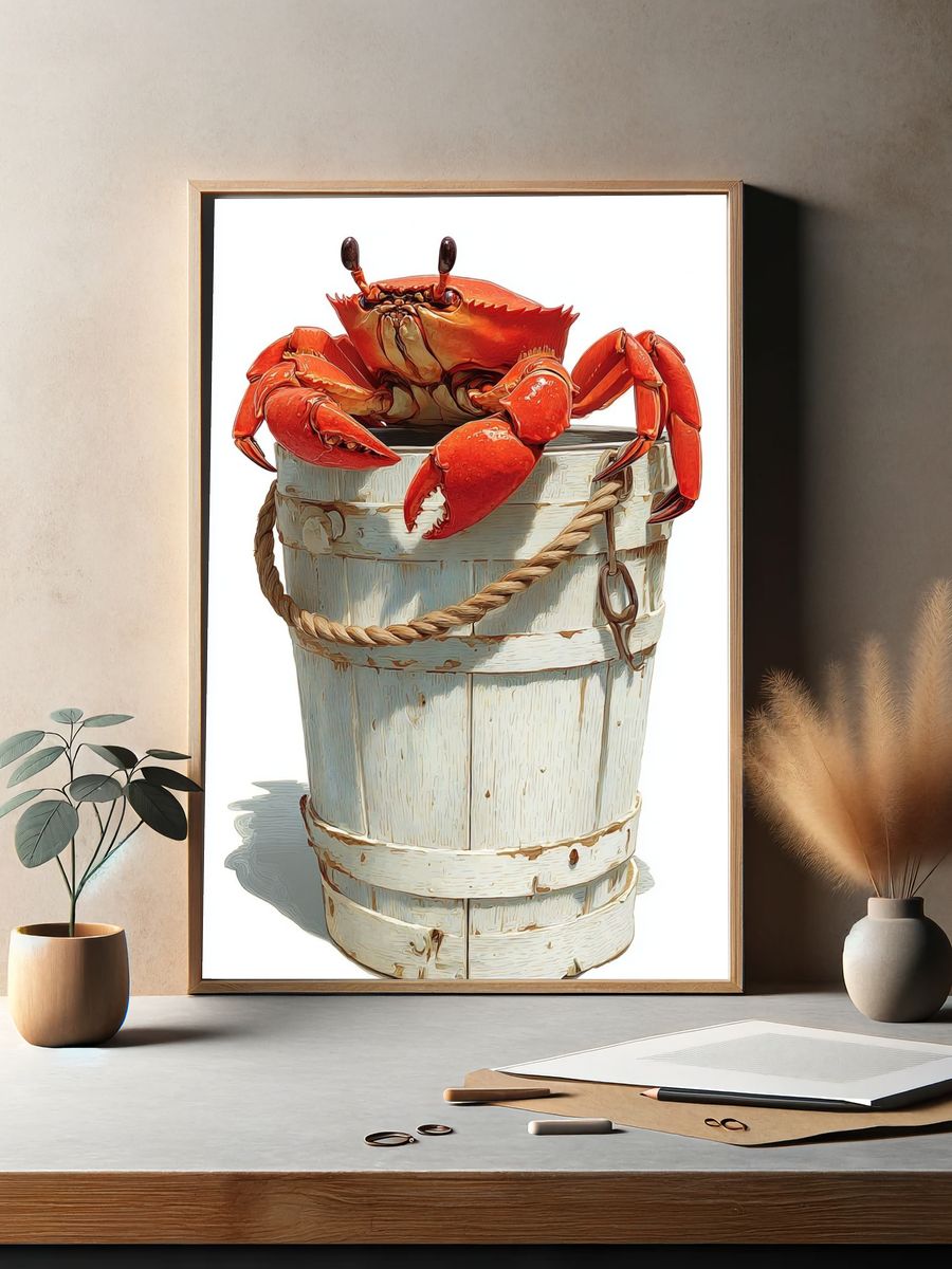 Crab in Bucket Illustration Poster. — room view 2