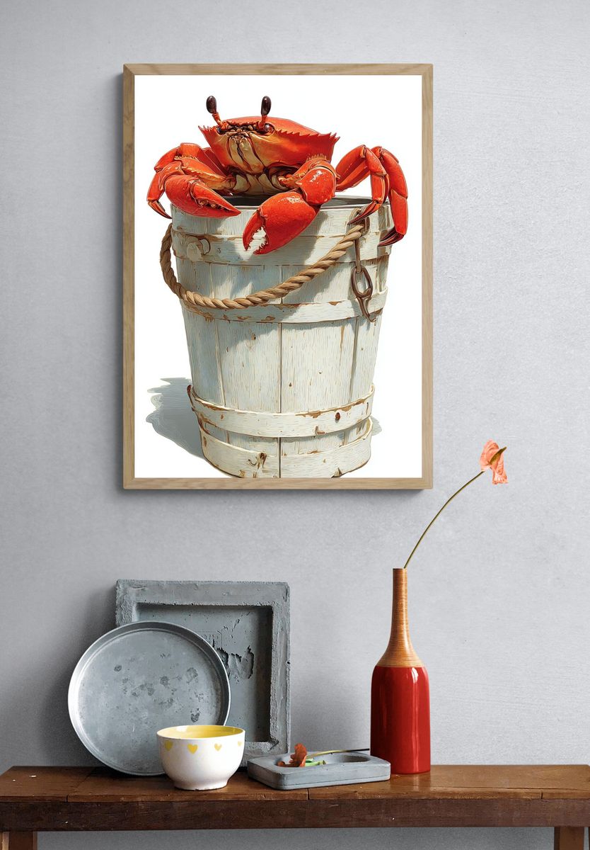 Crab in Bucket Illustration Poster. — room view 3