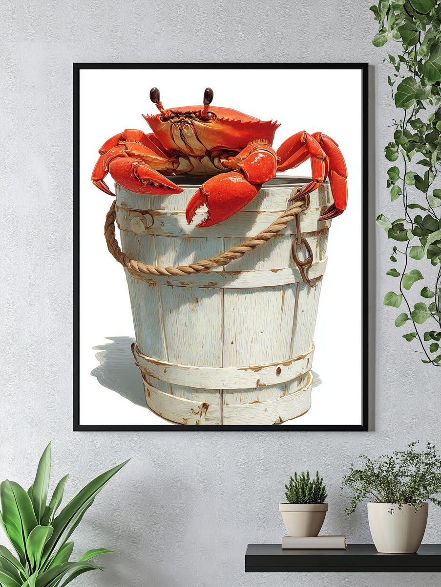 Crab in Bucket Illustration Poster. — room view 4