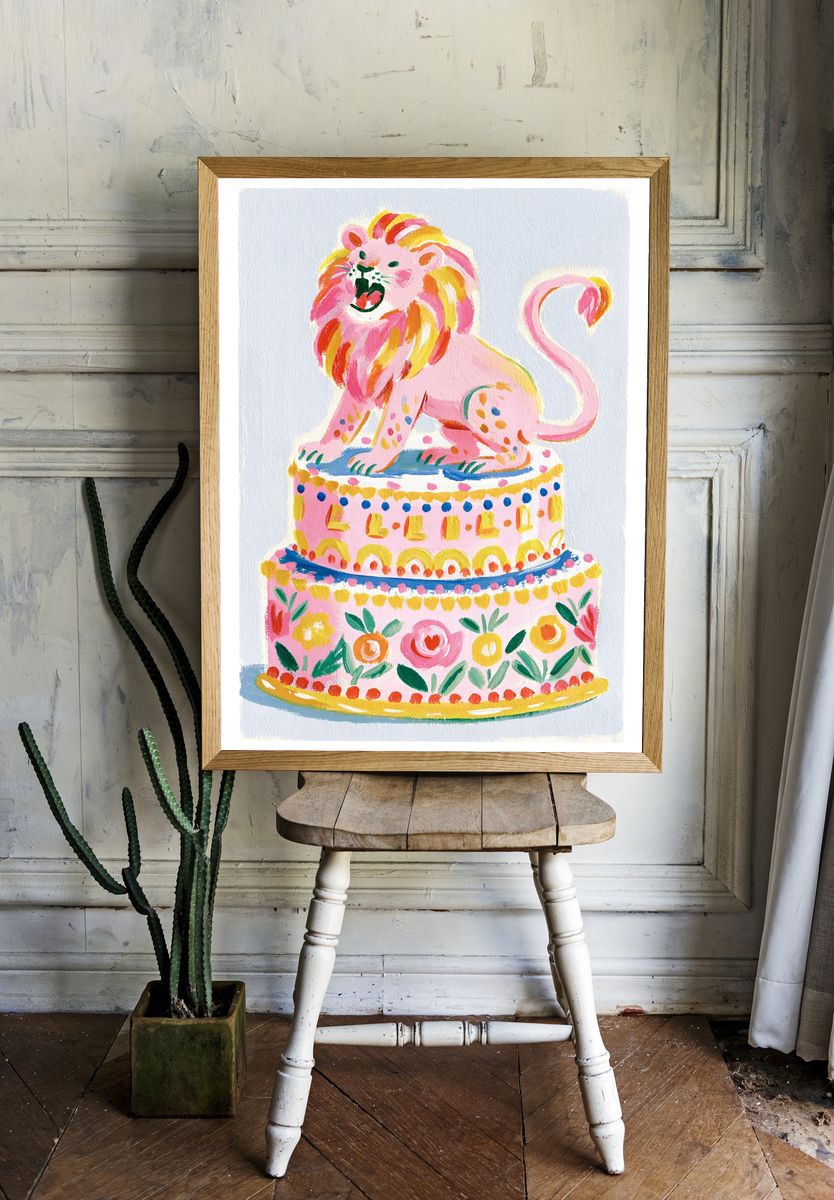 Pink Lion Cake Illustration Poster. — room view 1