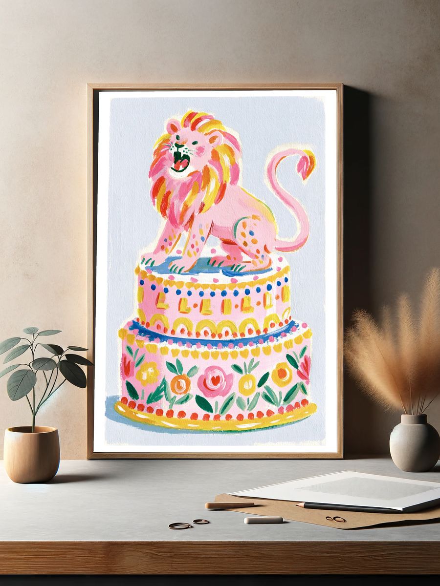 Pink Lion Cake Illustration Poster. — room view 2
