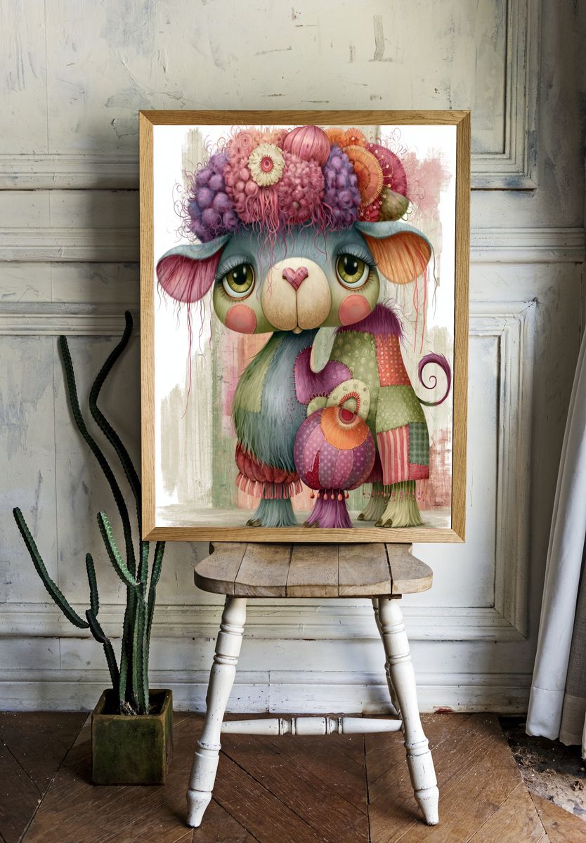 Whimsical Patchwork Lamb Illustration Poster. — room view 1