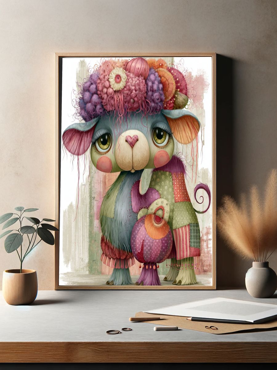 Whimsical Patchwork Lamb Illustration Poster. — room view 2
