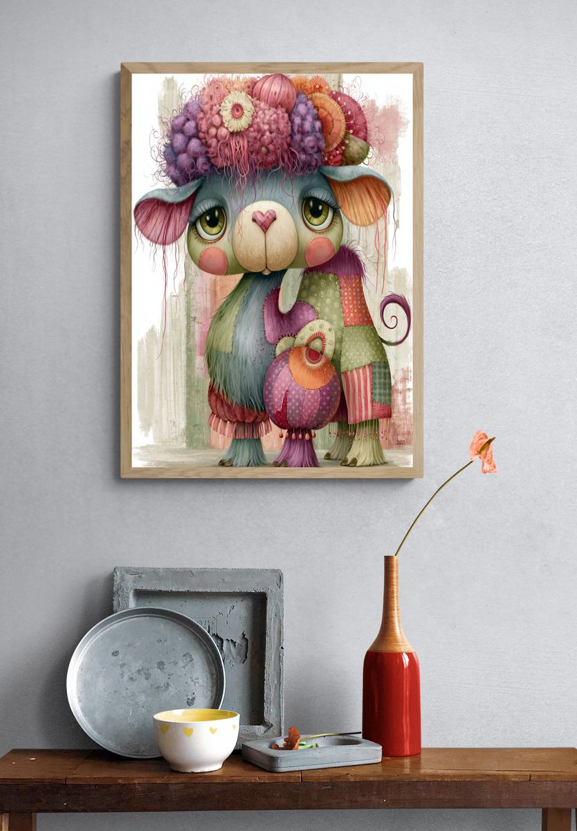 Whimsical Patchwork Lamb Illustration Poster. — room view 3