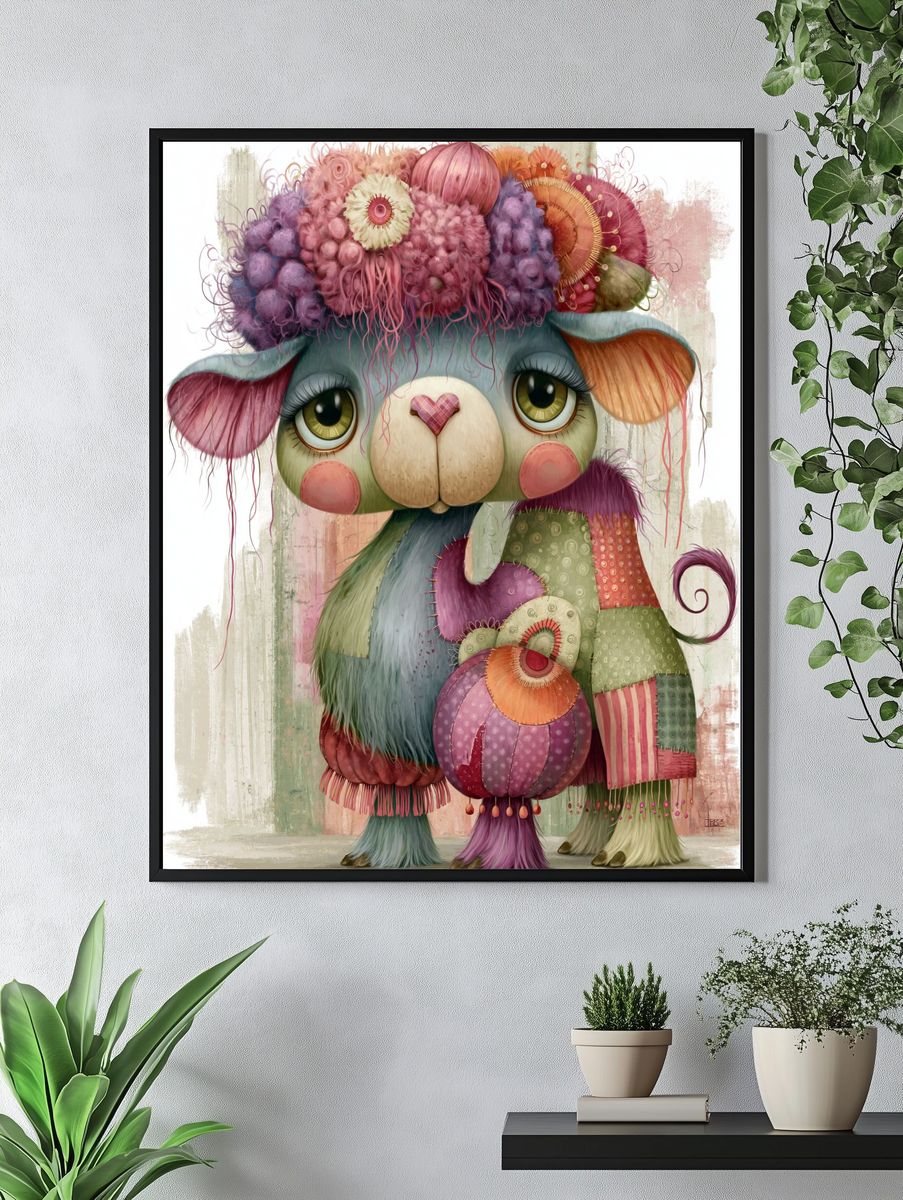 Whimsical Patchwork Lamb Illustration Poster. — room view 4