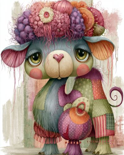 Whimsical Patchwork Lamb Illustration Poster.