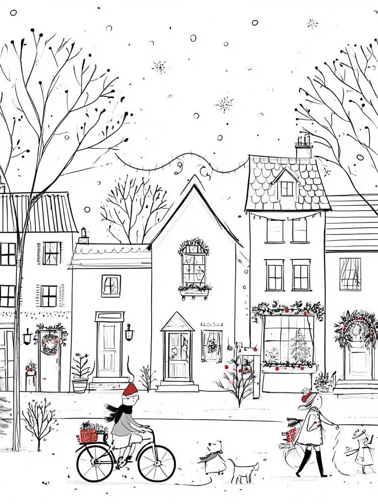 Winter Village Street Illustration Poster. poster — illustration art