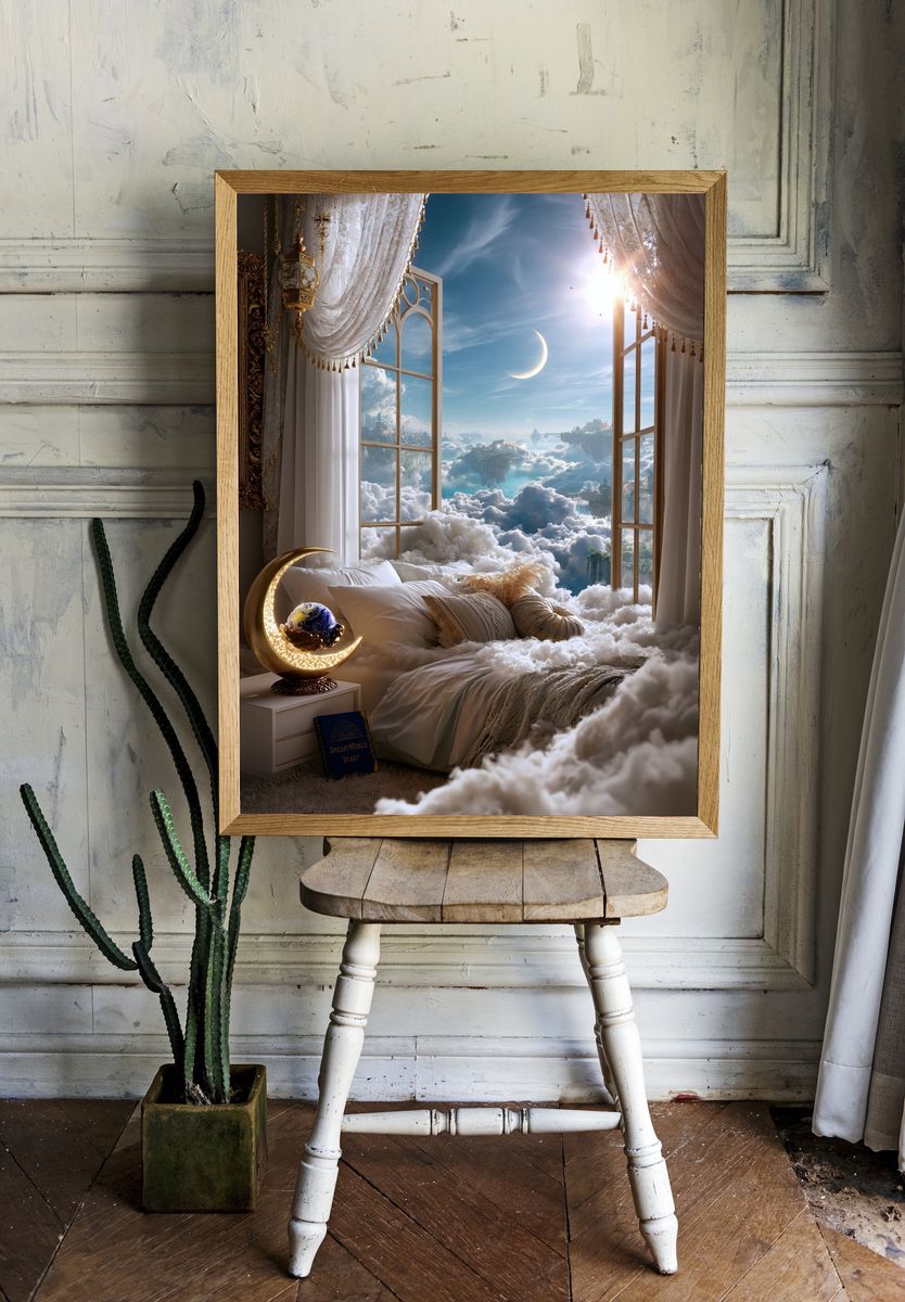 Dreamy Cloud Bedroom Surrealism Print. room preview