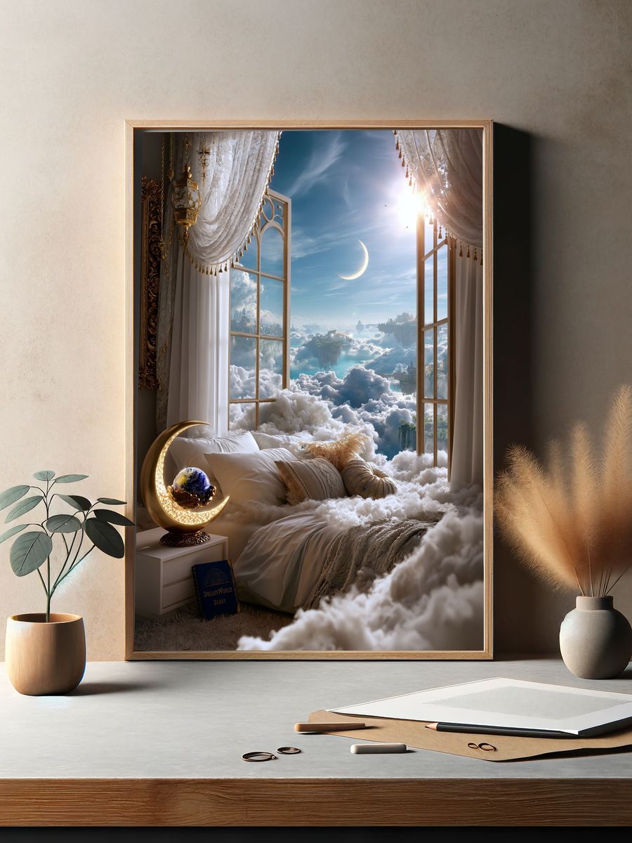 Dreamy Cloud Bedroom Surrealism Print. — room view 2