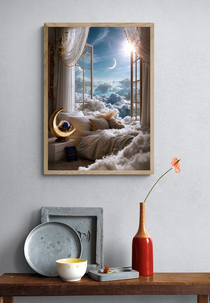 Dreamy Cloud Bedroom Surrealism Print. — room view 3