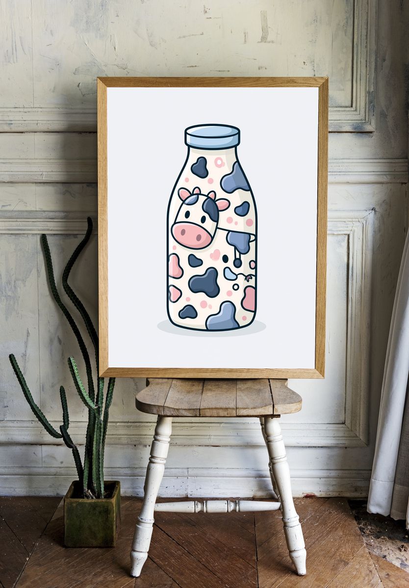 Cute Cow Milk Bottle Illustration Poster. room preview