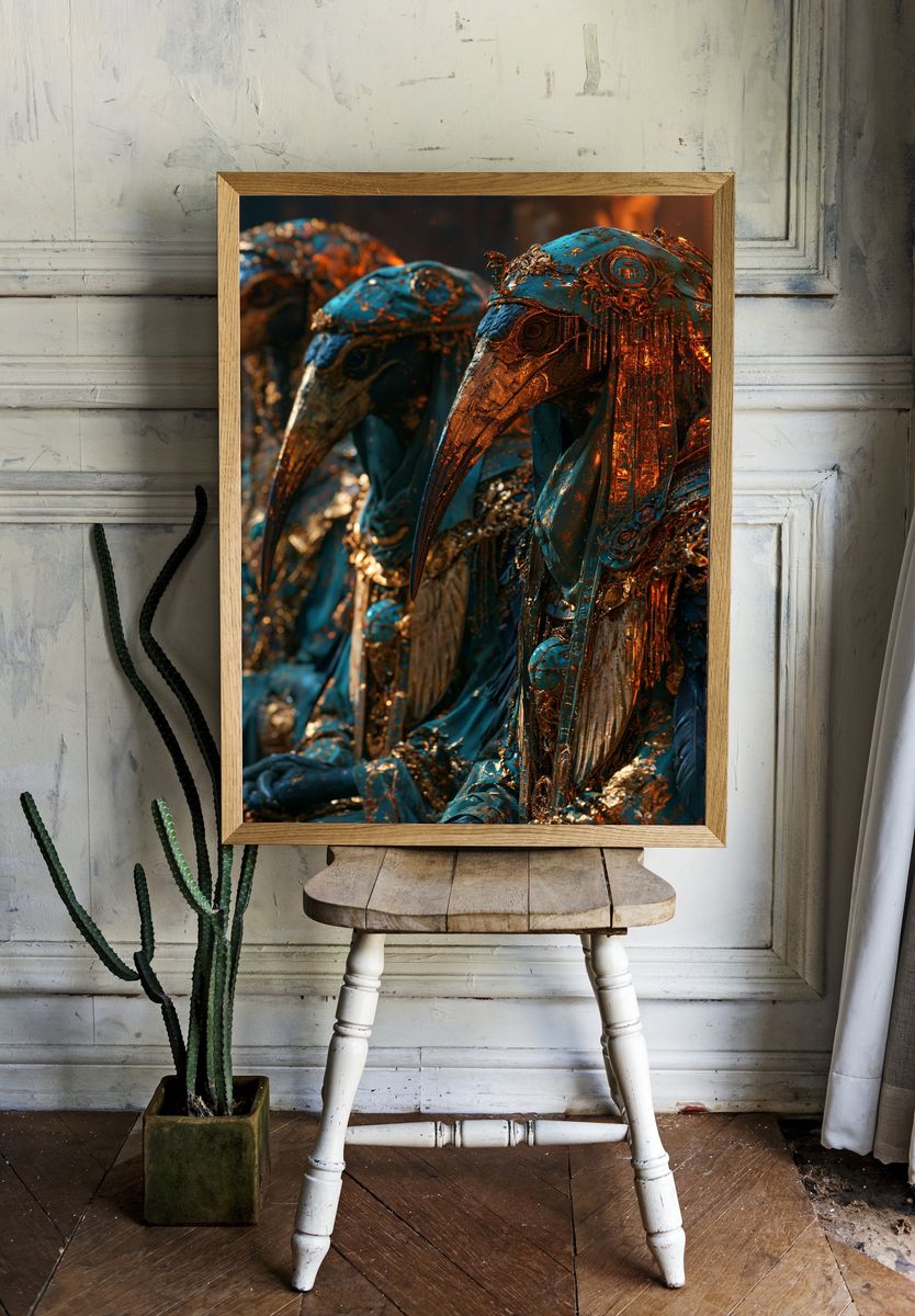 Gilded Bird Masks Illustration Poster. — room view 1