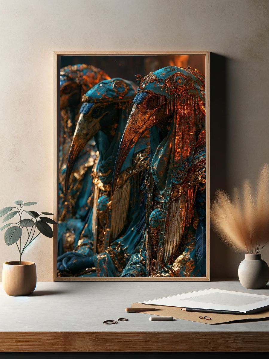 Gilded Bird Masks Illustration Poster. — room view 2