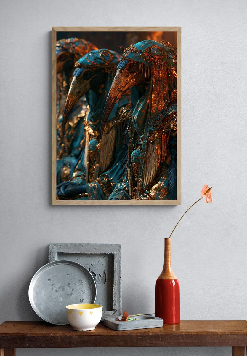 Gilded Bird Masks Illustration Poster. — room view 3