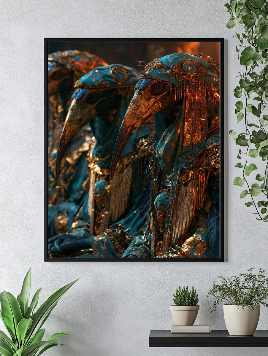 Gilded Bird Masks Illustration Poster. — room view 4