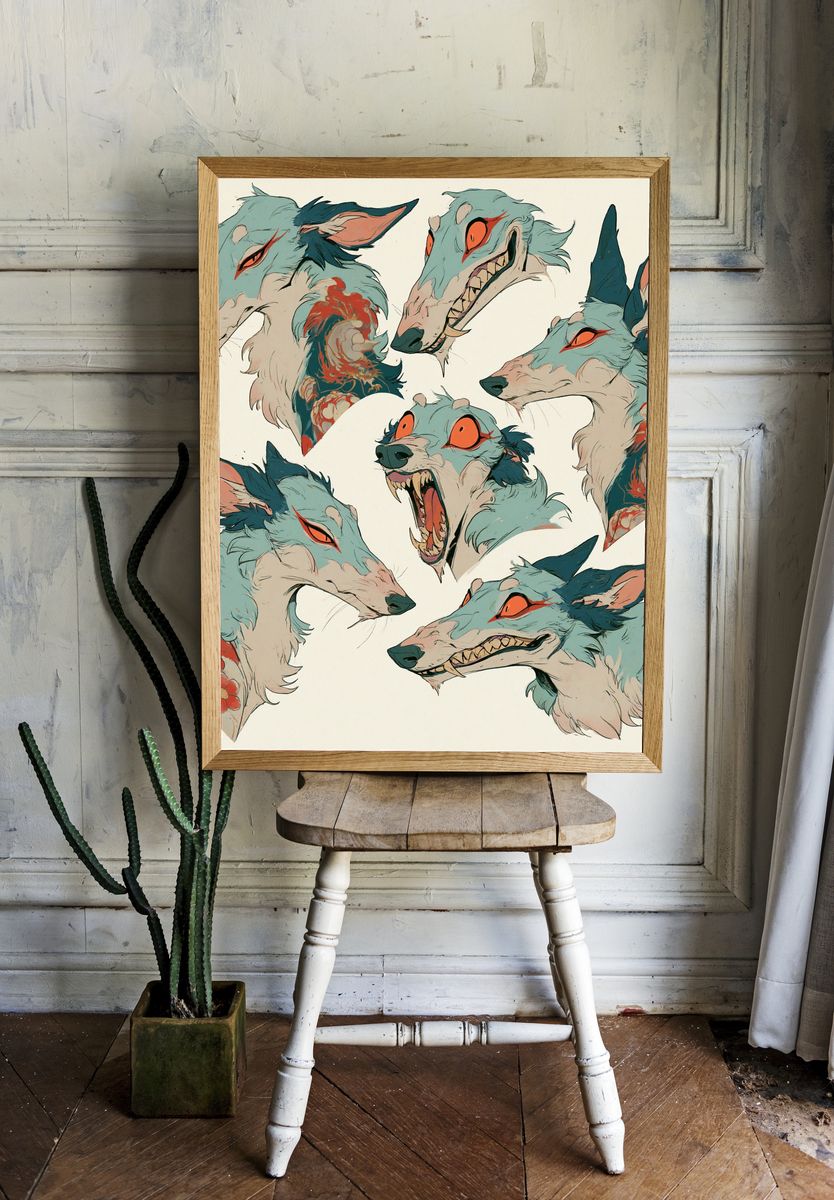 Fox Spirit Heads Illustration Poster. — room view 1