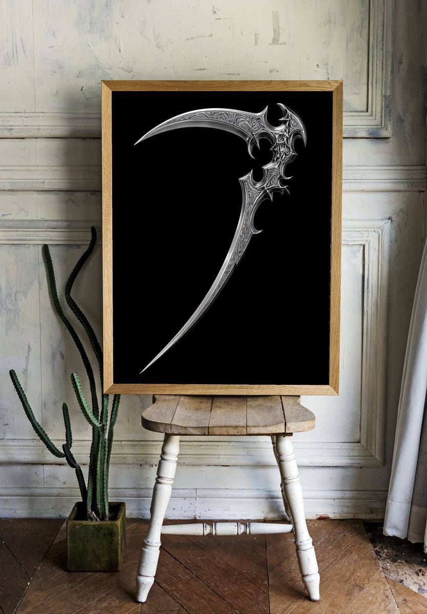 Ornate Silver Scythe Illustration Poster. — room view 1
