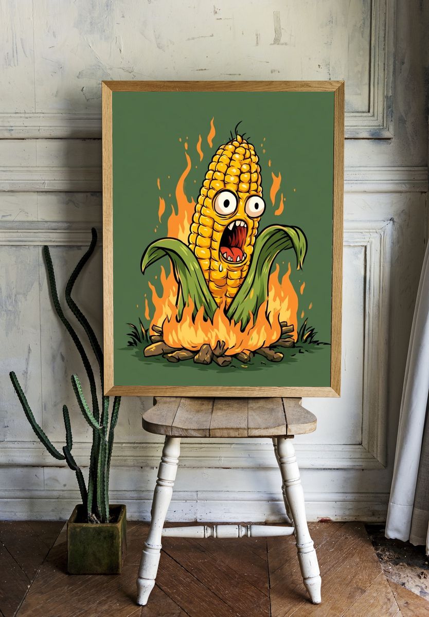 Burning Corn Cartoon Poster. room preview