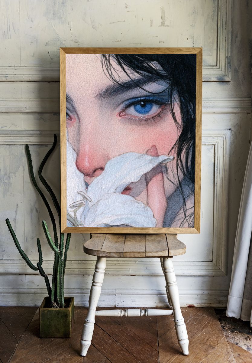 Blue-Eyed Portrait Watercolor Print. room preview
