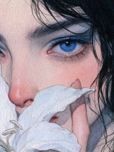 Blue-Eyed Portrait Watercolor Print. poster