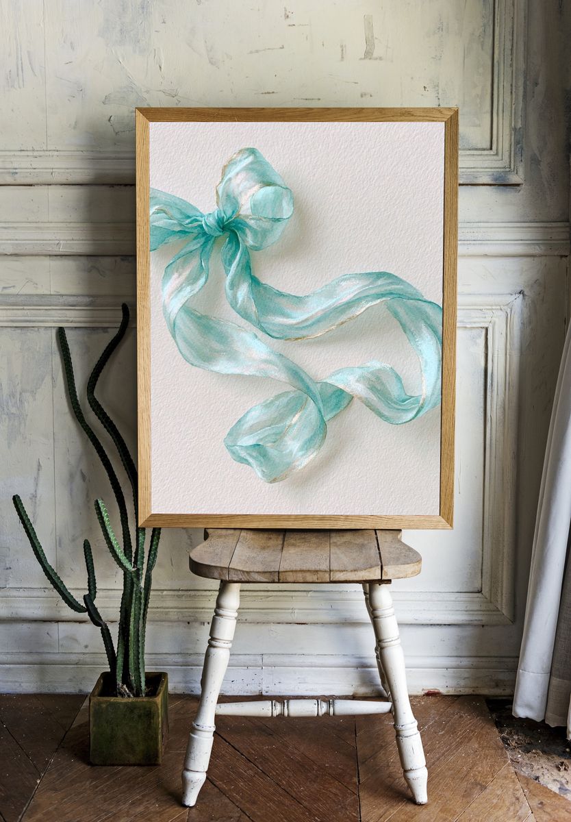 Aqua Ribbon Bow Illustration Poster. room preview