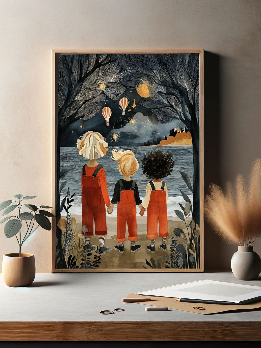 Children by the Lake Illustration Poster. — room view 2