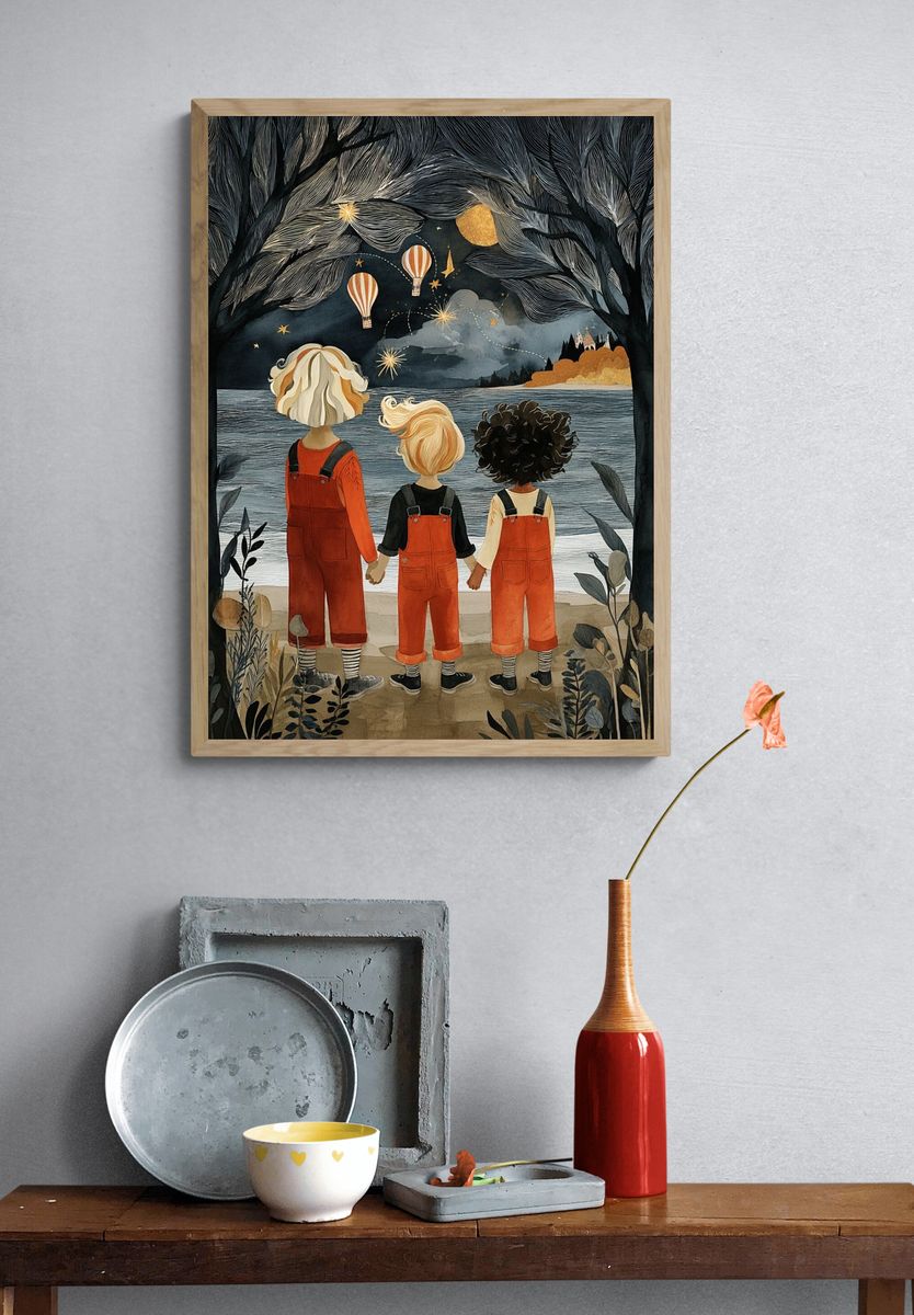 Children by the Lake Illustration Poster. — room view 3