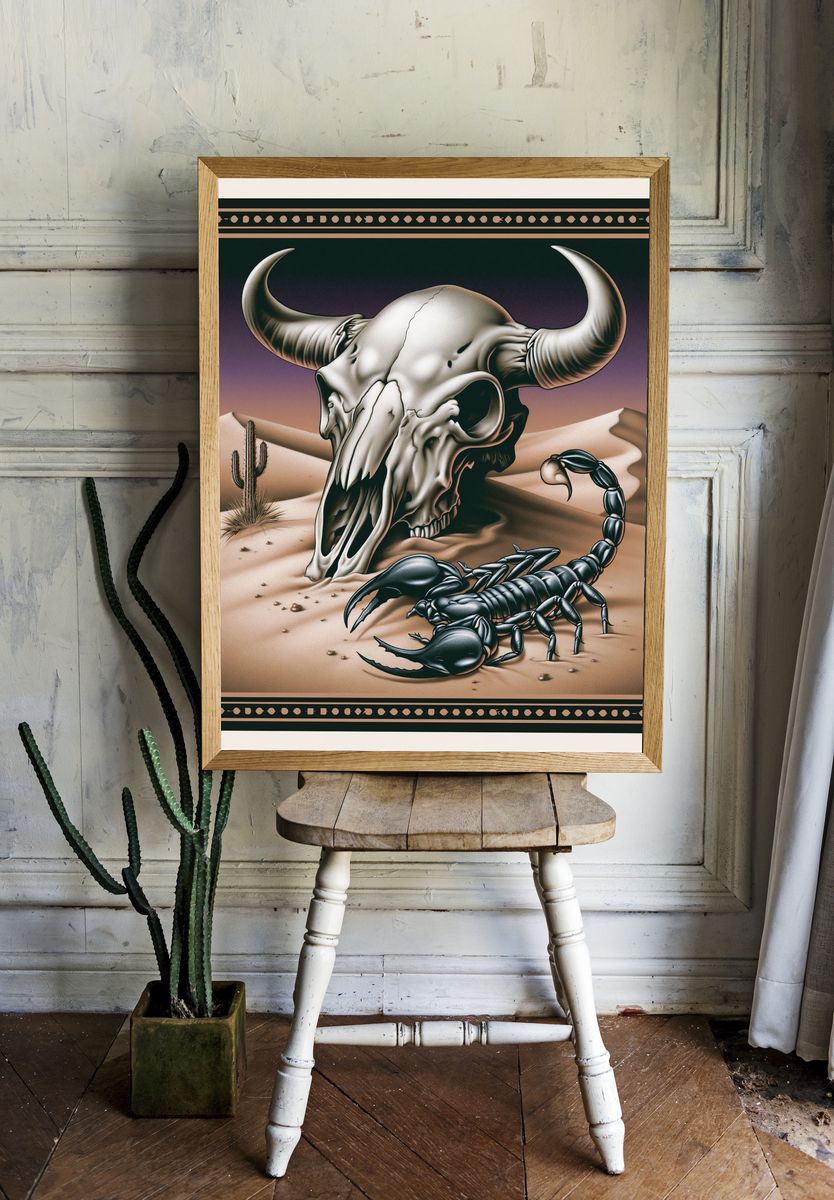 Desert Skull and Scorpion Illustration Poster. — room view 1