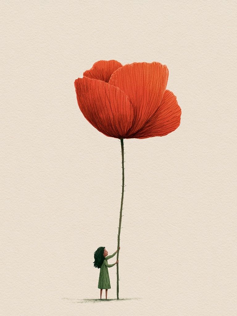 Girl and Giant Poppy Illustration Poster. poster detail