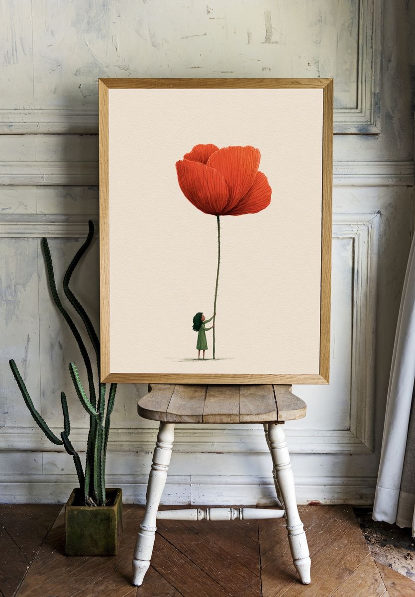 Girl and Giant Poppy Illustration Poster. room preview