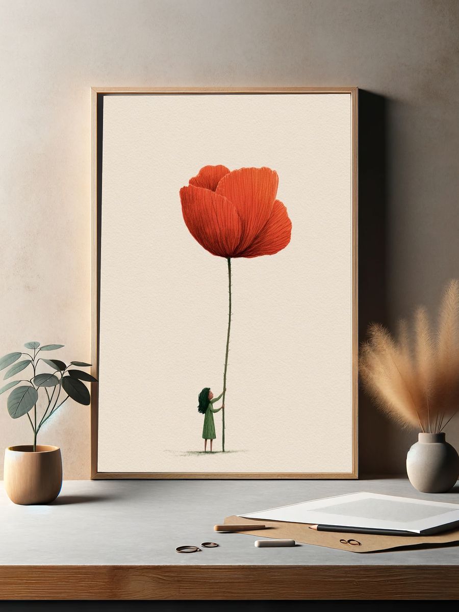 Girl and Giant Poppy Illustration Poster. — room view 2