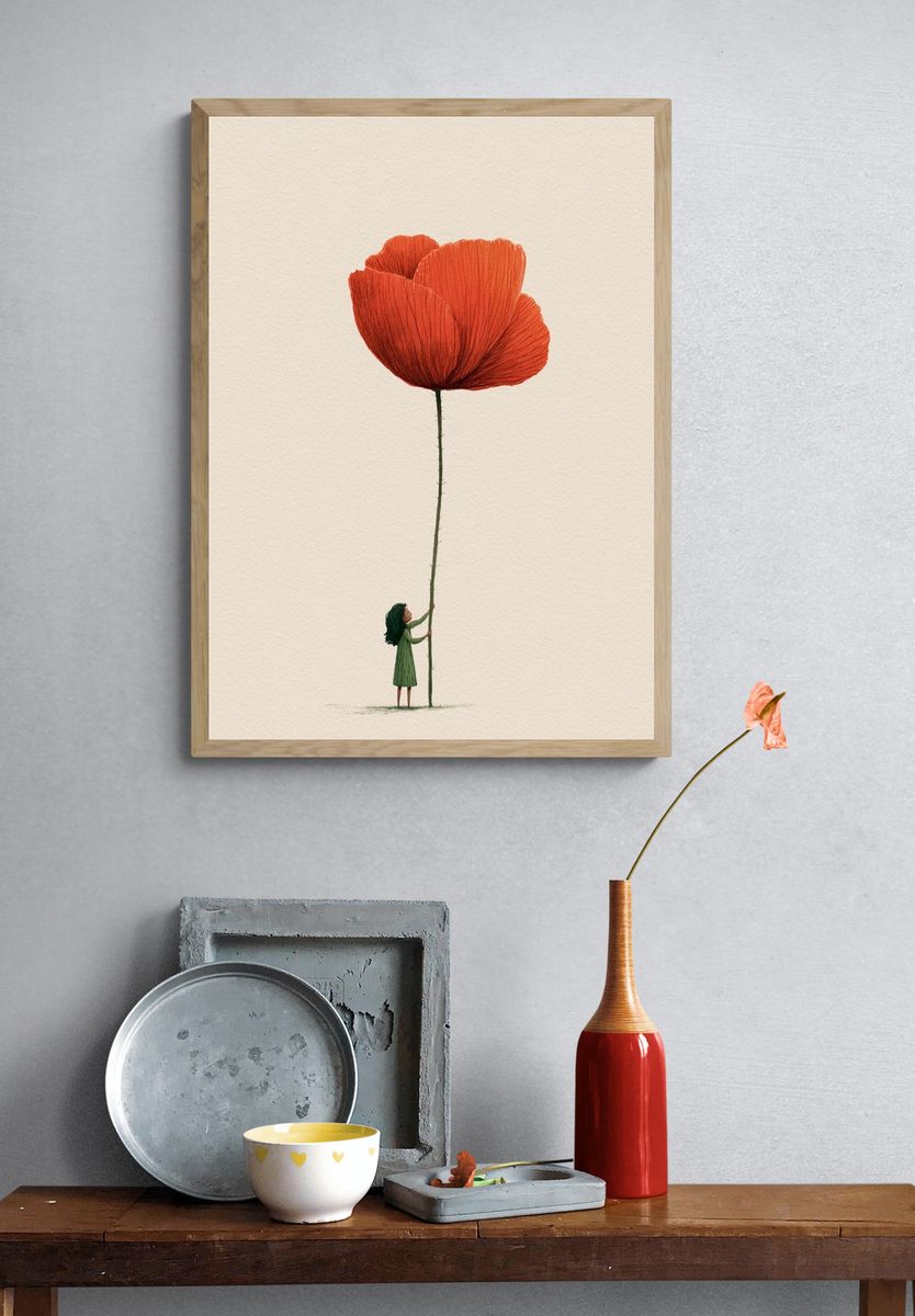 Girl and Giant Poppy Illustration Poster. — room view 3