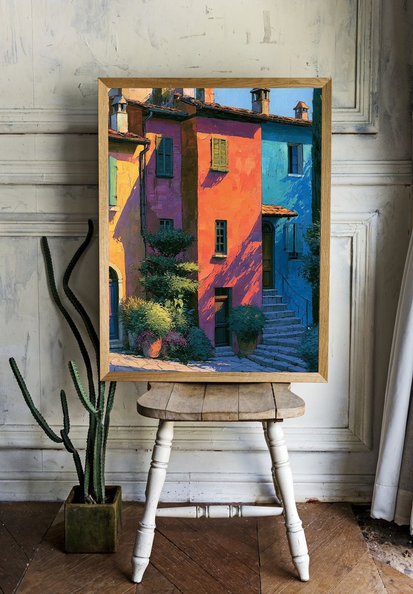 Colorful Tuscan Village — Illustration Print. — room view 1
